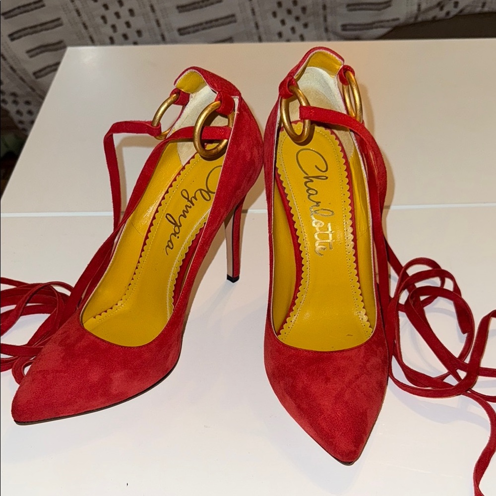 Sexy Charlotte Olympia Red Stiletto Heels with Ankle Wrap 38.5